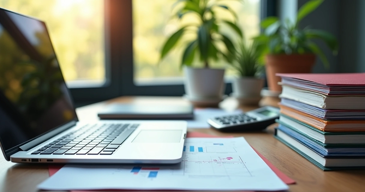 Mesa de escritório com laptop, calculadora, livros de direito e papelada separada por cor 