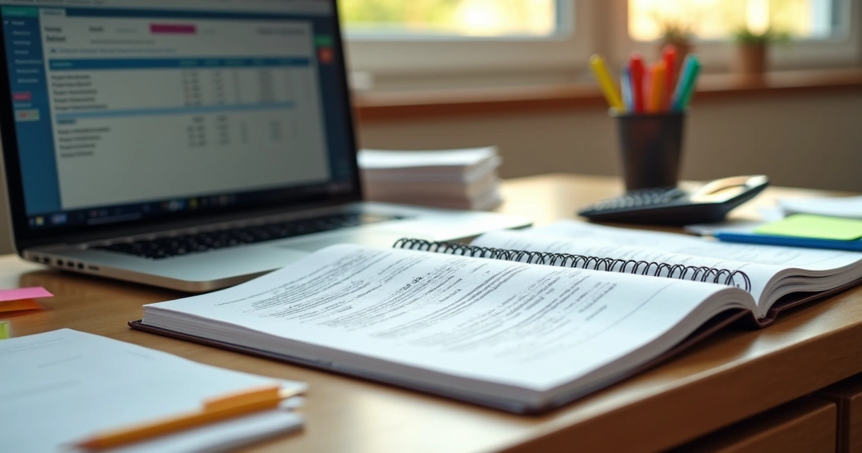 Mesa com documentos de contabilidade e calculadora 