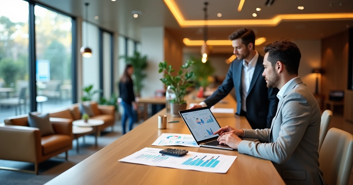 Consultor de contabilidade analisando gráficos de custos em recepção de hotel 