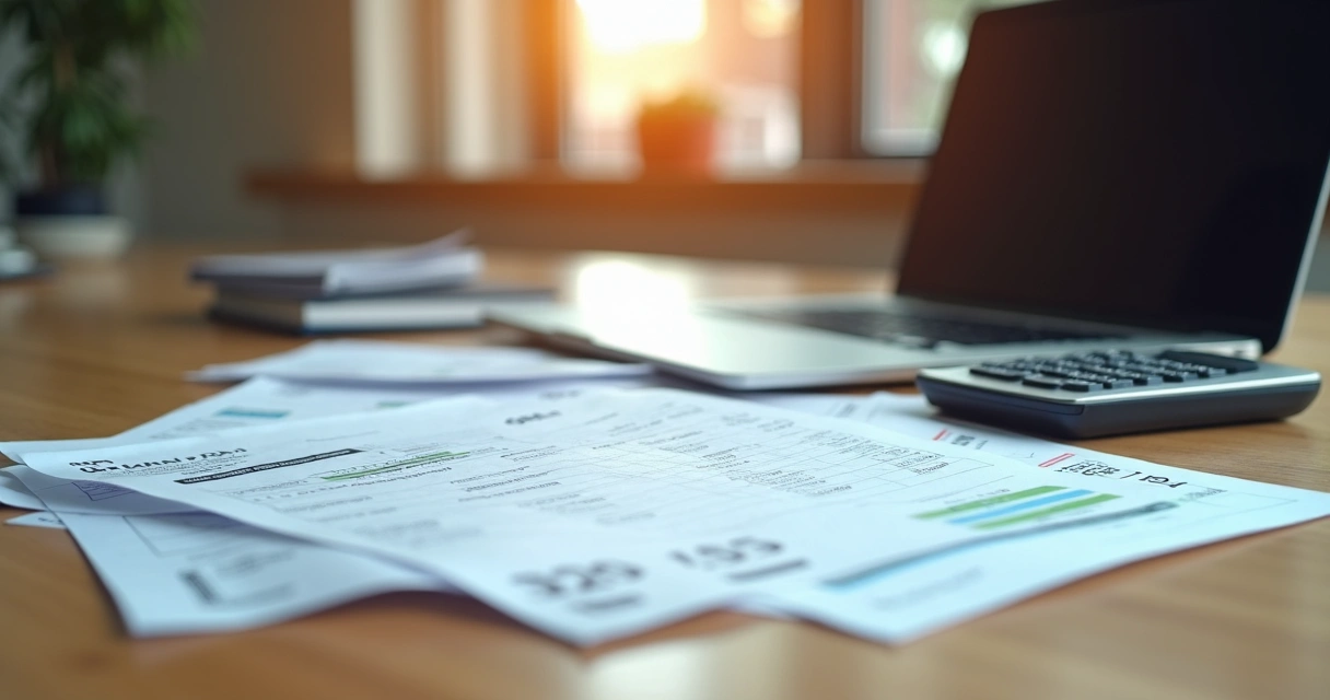 D2C: Guia para Brasileiros Venderem Direto nos EUA 2 Documentos fiscais e laptop sobre uma mesa, notas fiscais americanas, calculadora e papel timbrado