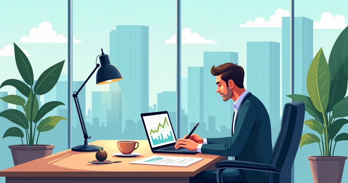 Empresário analisando gráficos financeiros em um escritório moderno com vista para a cidade.