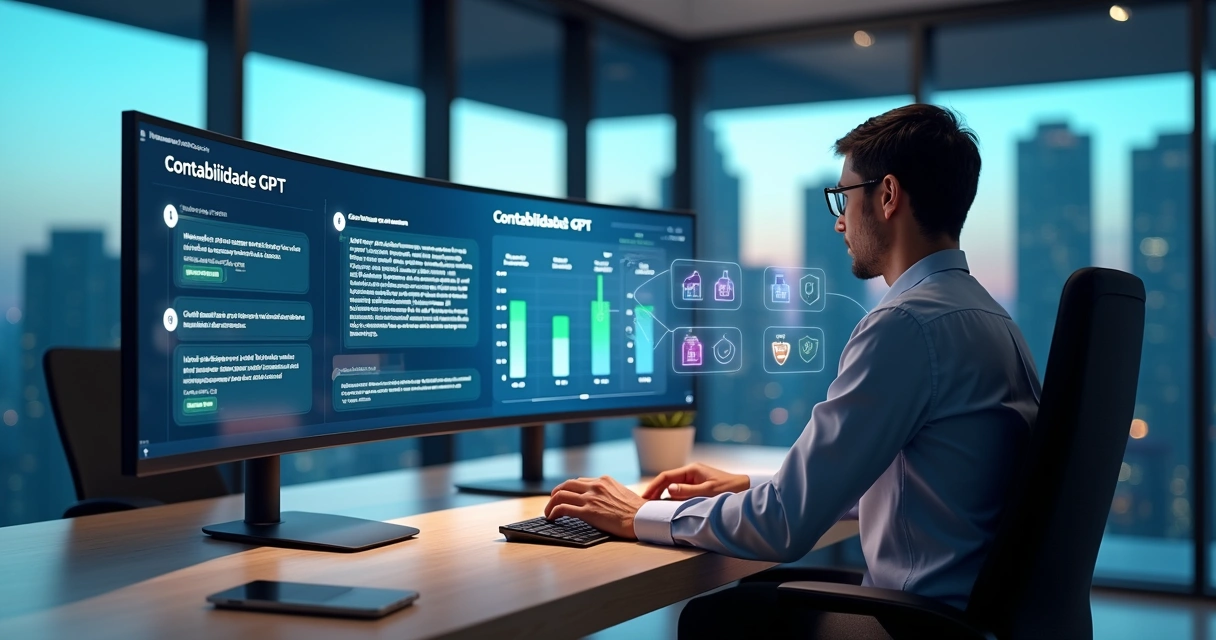 Tela de assistente contábil com IA ao lado de contador analisando dados financeiros 