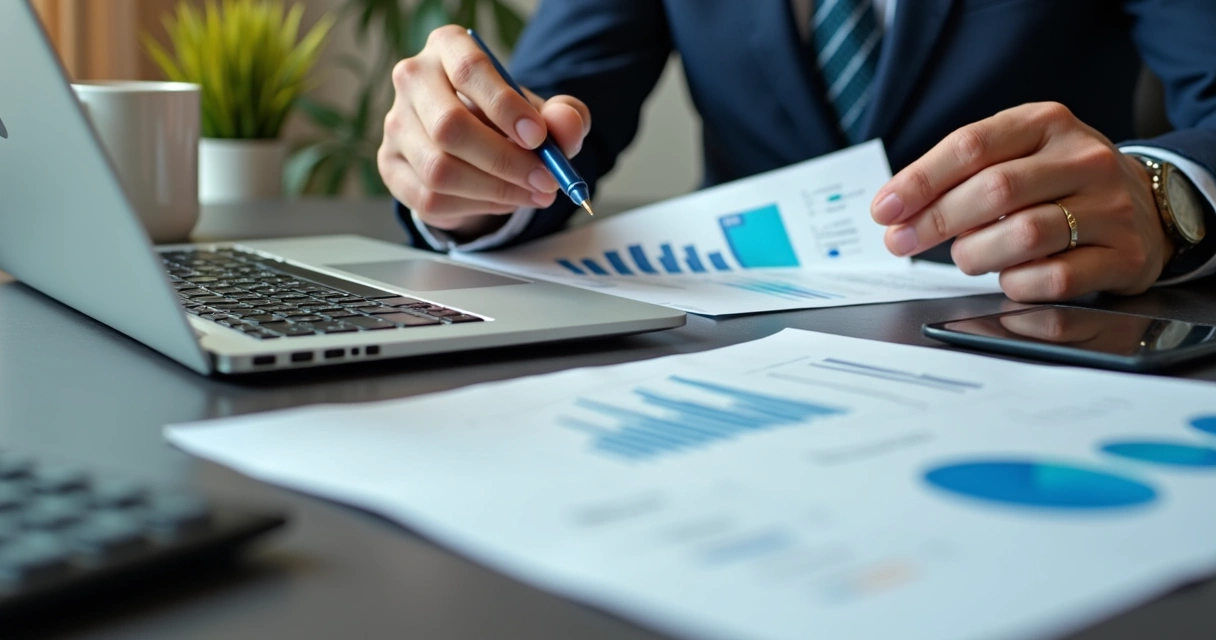 Profissional de contabilidade analisando documentos de holding digital. 