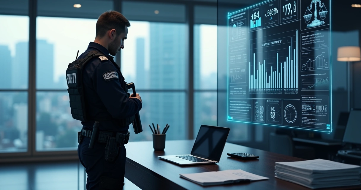 Profissional de vigilância armada em frente a gráficos fiscais e documentos contábeis 