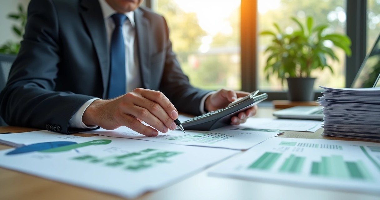 Profissional de contabilidade analisando documentos e calculadora sobre mesa branca 