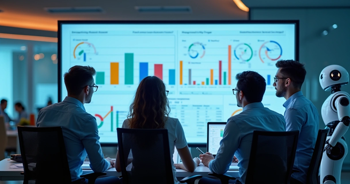 Equipe contábil analisando dados em telas digitais com robô ao lado 