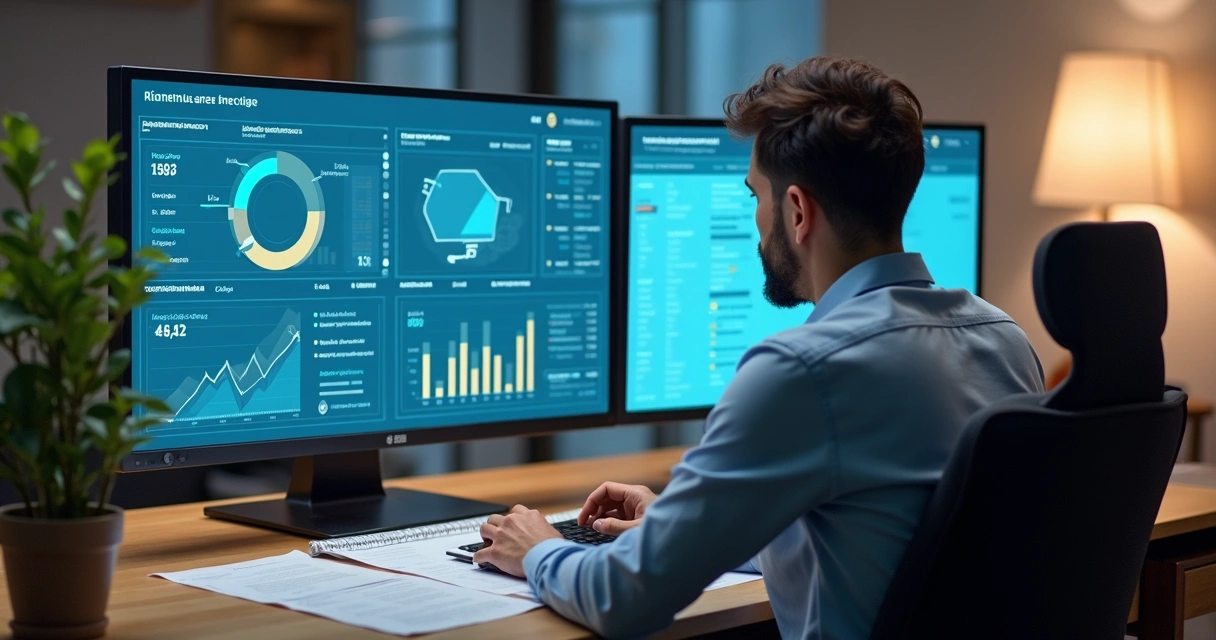Contador analisa dados de loja online em computador moderno. 