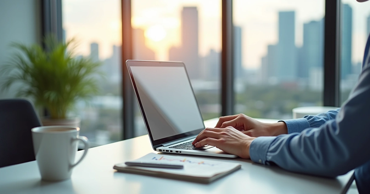 Contador sentado em frente ao computador criando conteúdo para marketing digital 
