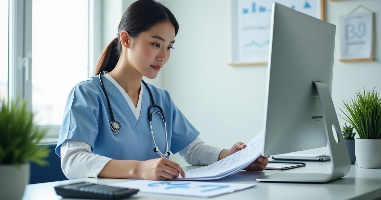 Profissional faz contabilidade médica em consultório iluminado 