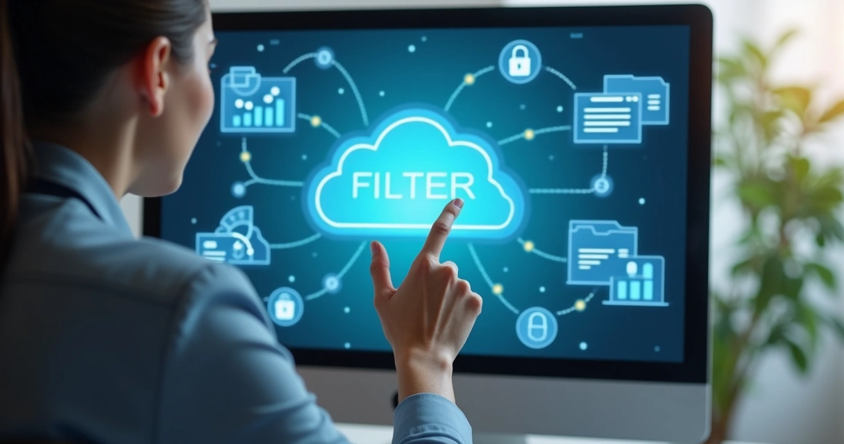 Empresário filtrando notas fiscais em plataforma de contabilidade na nuvem