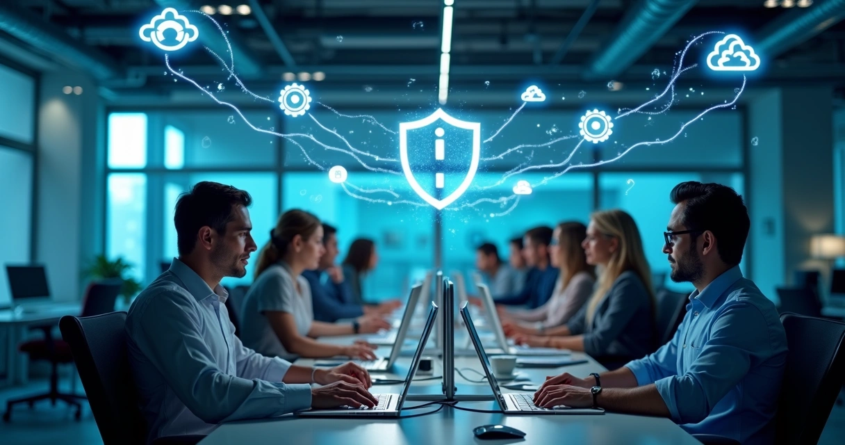 Equipe de contabilidade trabalhando em computadores conectados entre data center e nuvem 