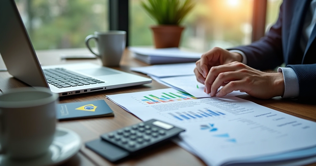 Como abrir LLC nos EUA: Guia prático para brasileiros 3 Contabilidade de LLC para brasileiros, mesa com laptop e gráficos