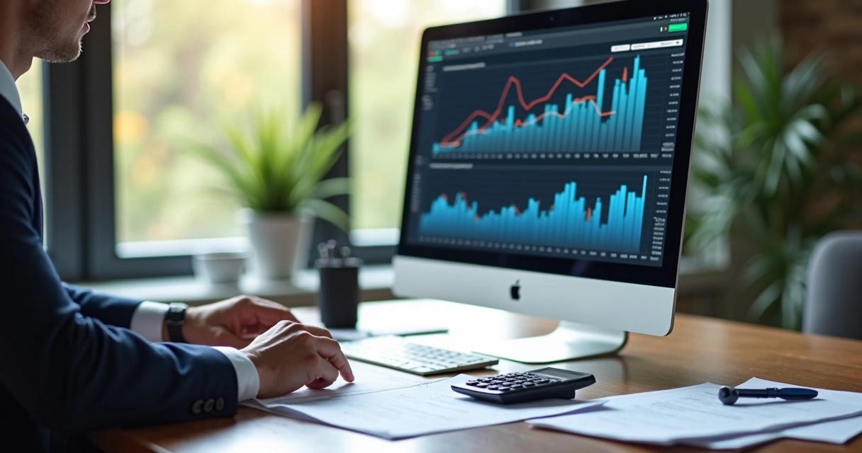 Mesa de escritório com computador mostrando gráficos financeiros e anotações ao lado, duas pessoas discutindo estratégias com documentos fiscais e calculadora sobre a mesa