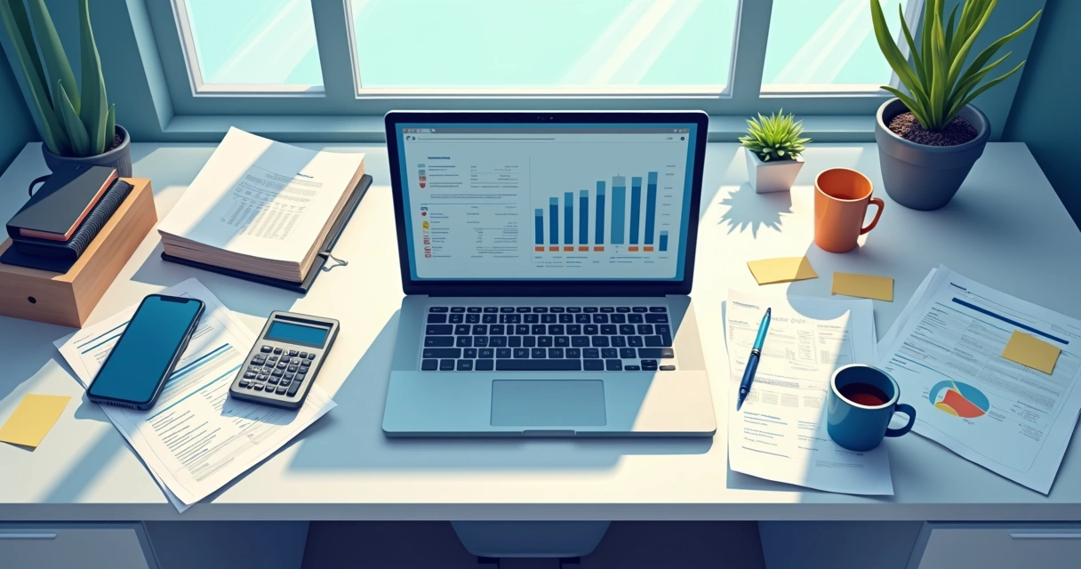 Mesa de escritório com computador, planilhas impressas e cadernos 