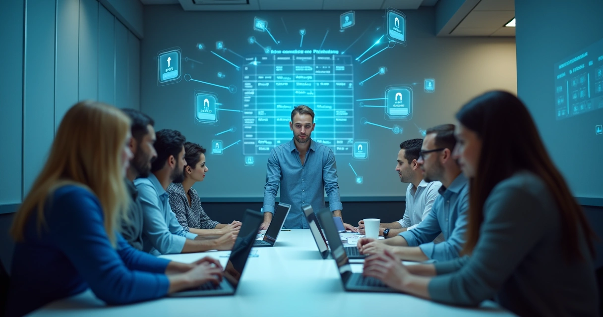 Equipe de contabilidade reunida em ambiente digital seguro 