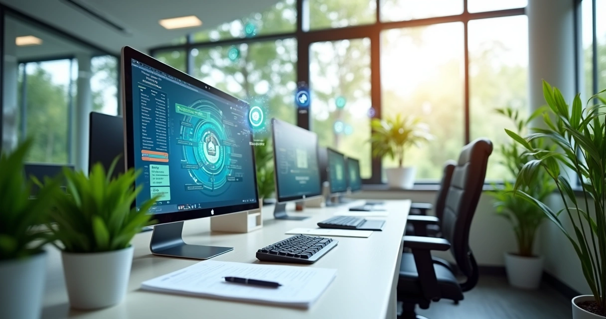 Sala de contabilidade digital sem papel, elementos ecológicos como plantas verdes, poucas folhas 