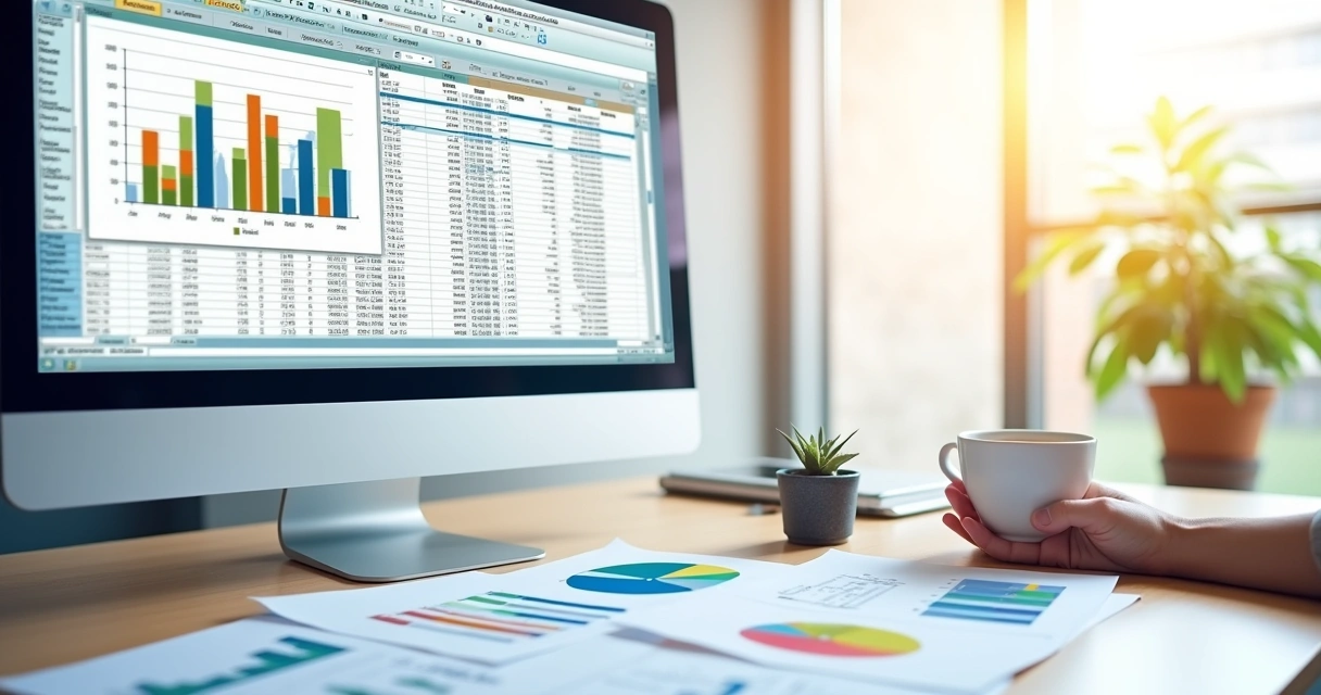 Planilha, extrato bancário digital e gráficos financeiros em tela de computador 