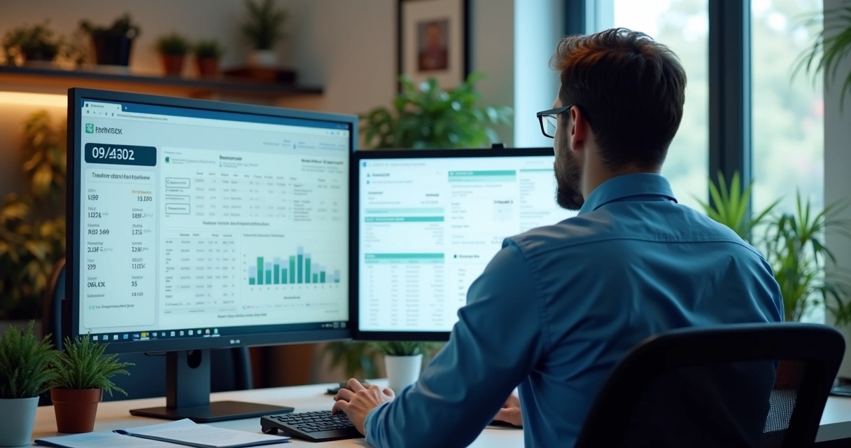 Profissional de contabilidade analisando dados de telemedicina em tela dupla 