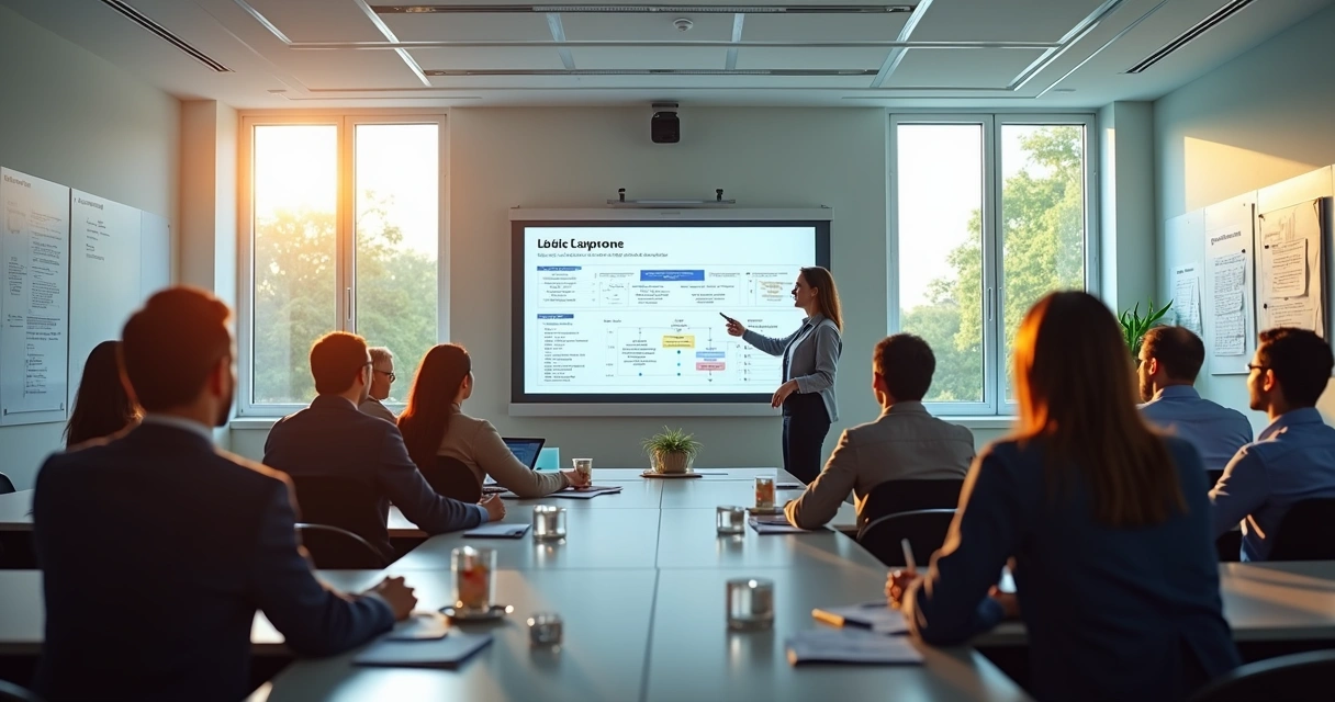 Equipe contábil em sala de aula estudando regras da CBS em quadros explicativos 