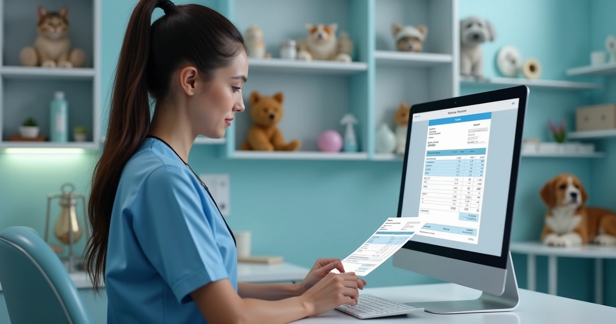 Empresário veterinário usando computador para emitir nota fiscal eletrônica 