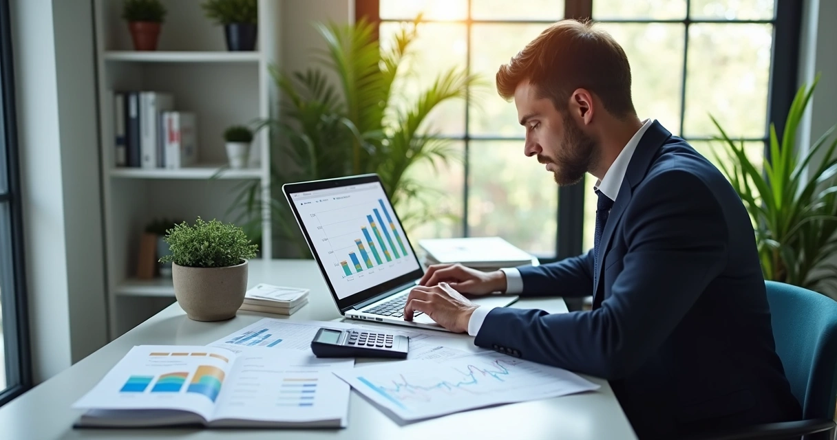 Contabilista analisando gráficos financeiros e planilhas de lucros e impostos em escritório moderno 