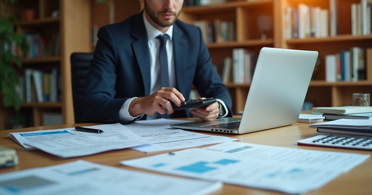 Contabilista sentado à mesa analisando notas fiscais e calculando tributos