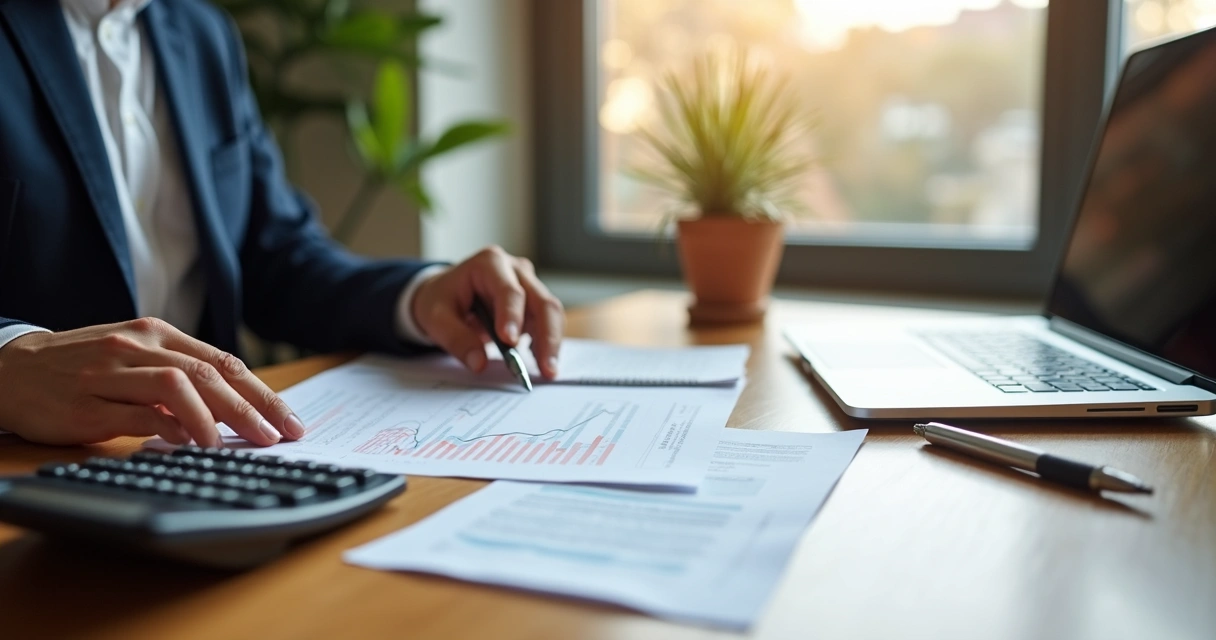 Contador com calculadora e documentos fiscais 