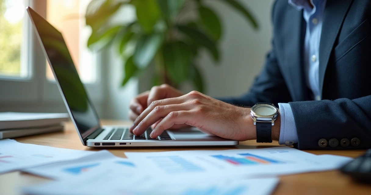 Contador organizando documentos digitais em tela e papel 