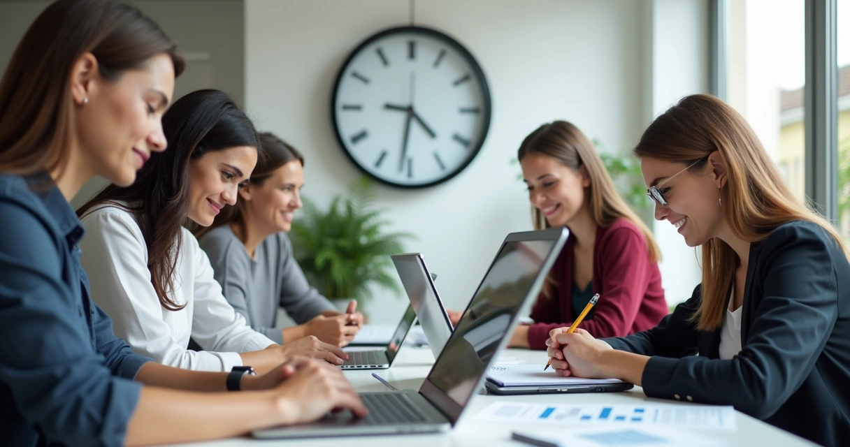 Colaboradores anotando horas trabalhadas ao redor de uma mesa de escritório