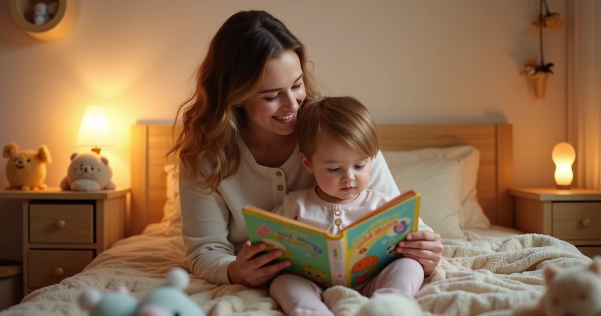 Mãe e filho sentados em cama lendo livro de histórias 