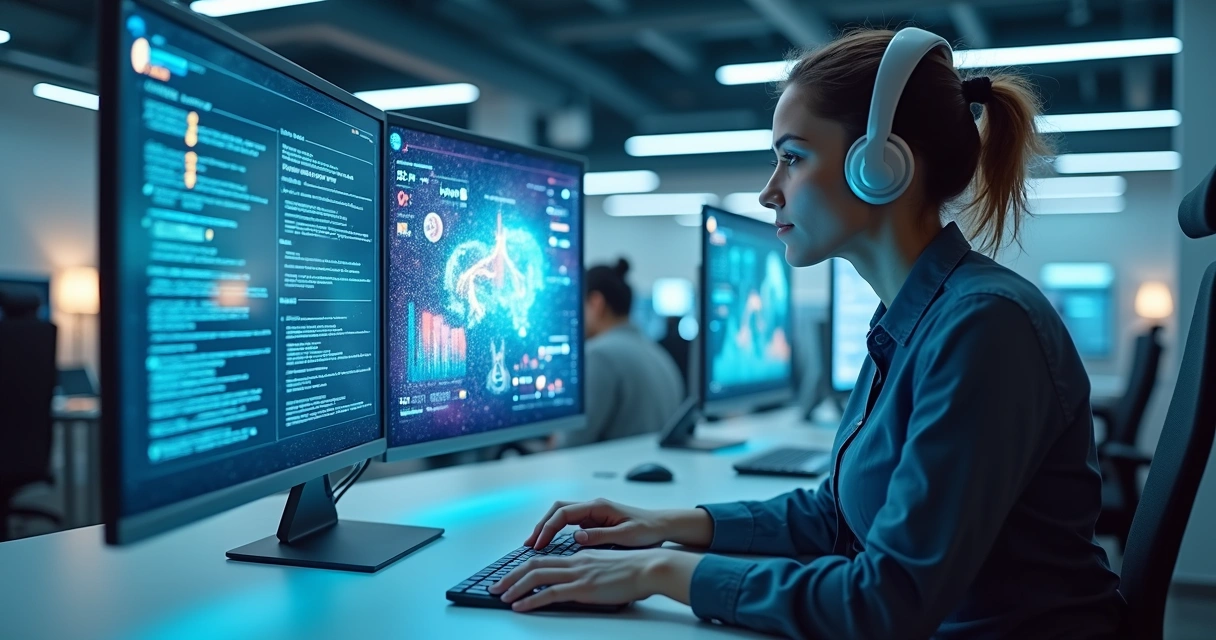 Agente humano e IA colaborando em contact center moderno 