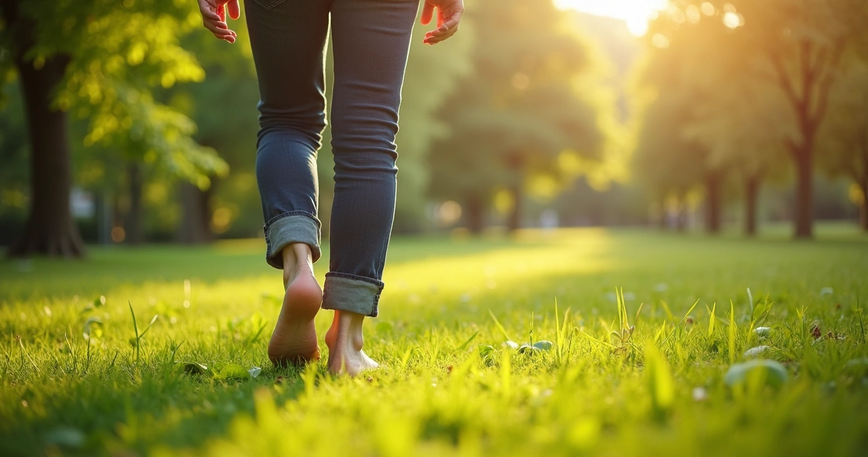 Persona caminando descalza sobre césped en un parque 