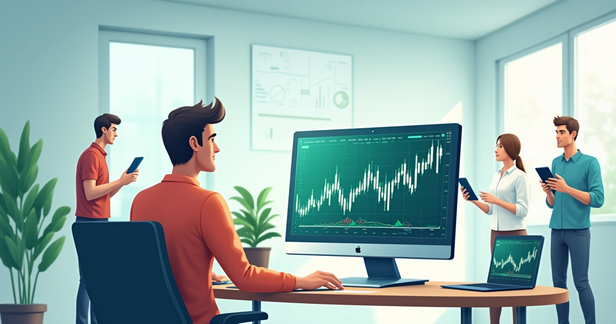Ilustração de um contador 4.0 em escritório moderno, utilizando tecnologia para otimizar processos contábeis.