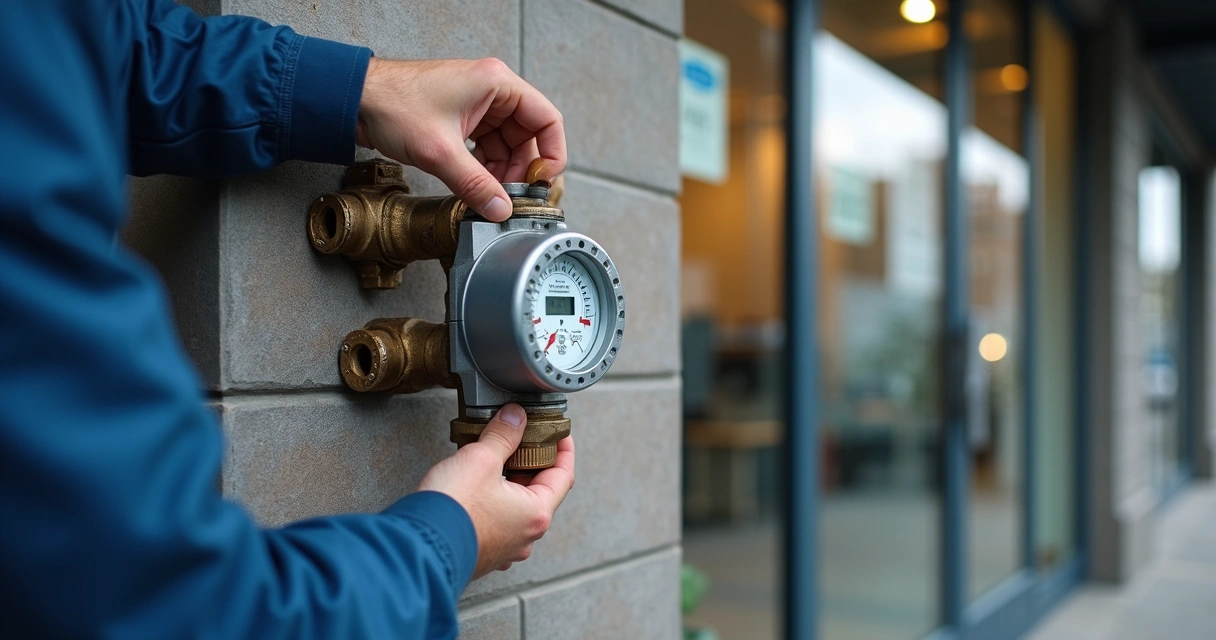 Contador de água sendo trocado diante de edifício empresarial