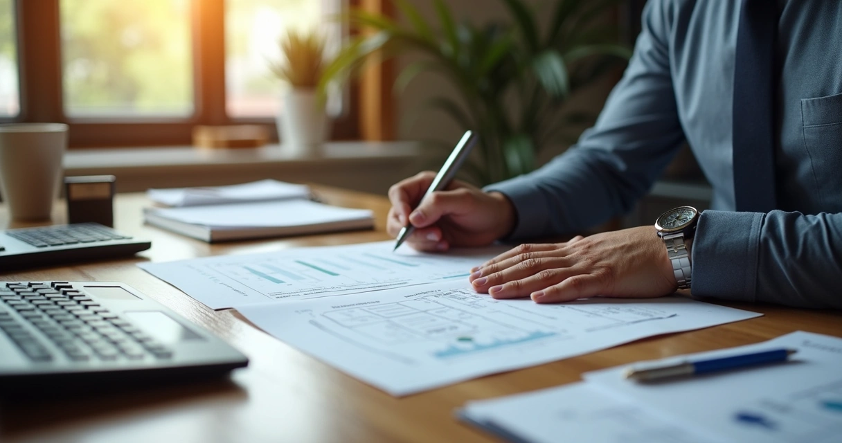Contador analisando documentos empresariais na mesa.