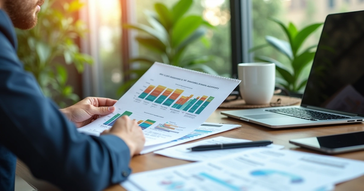Contador analisando planilha de planejamento tributário com gráficos e documentos de reciclagem na mesa 