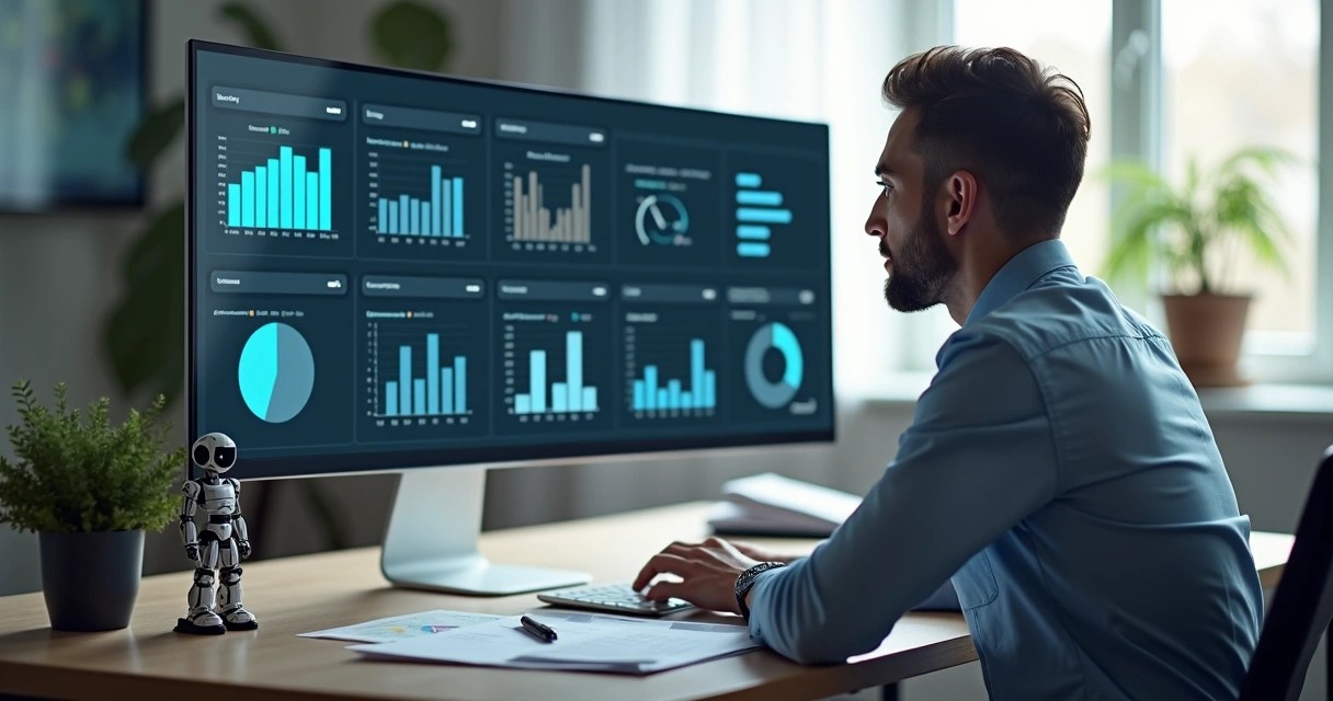 Contador analisando gráficos e dados estratégicos na tela 
