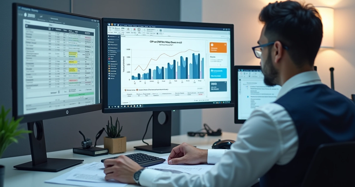 Contador analisando receitas de CPF e CNPJ em computador 