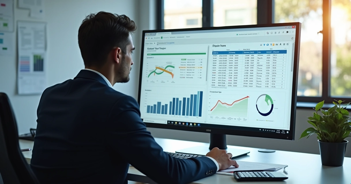 Contador analisando relatórios financeiros digitais em tela de computador com gráficos e tabelas fiscais detalhadas 