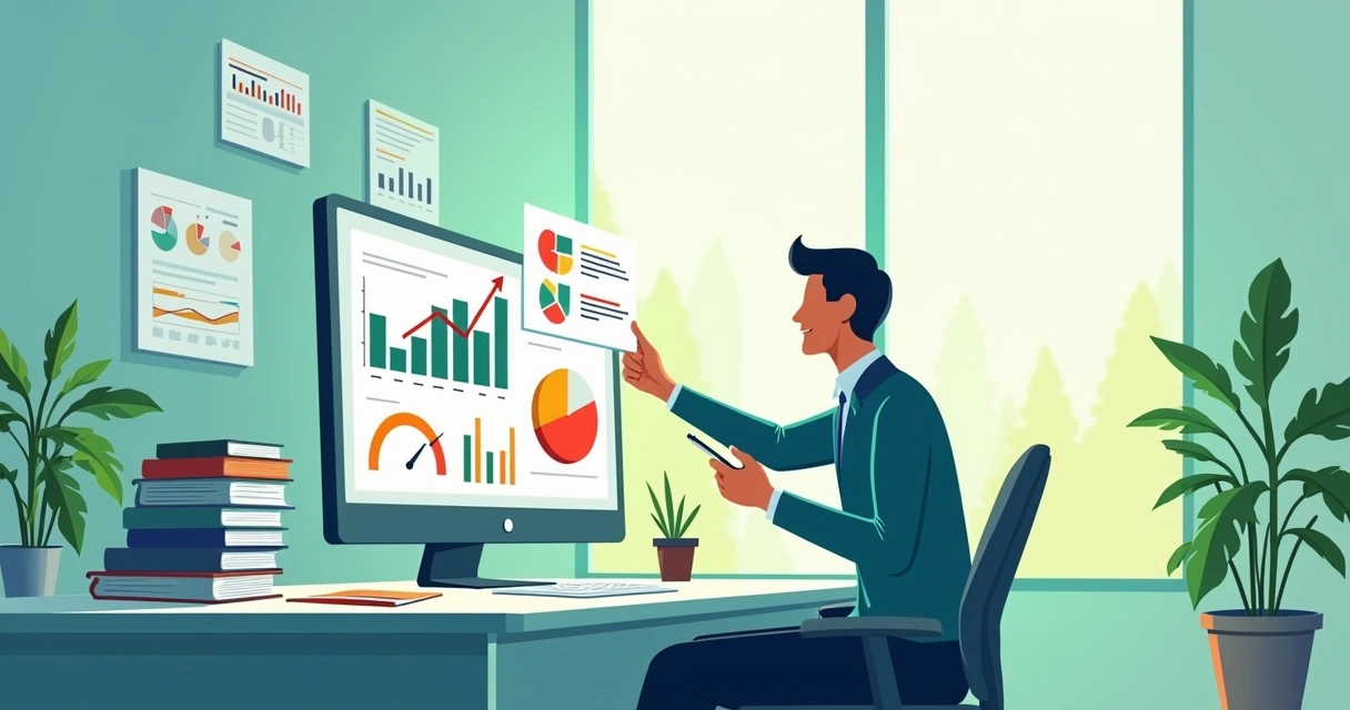 Contador analisa dados financeiros em dashboard de computador 