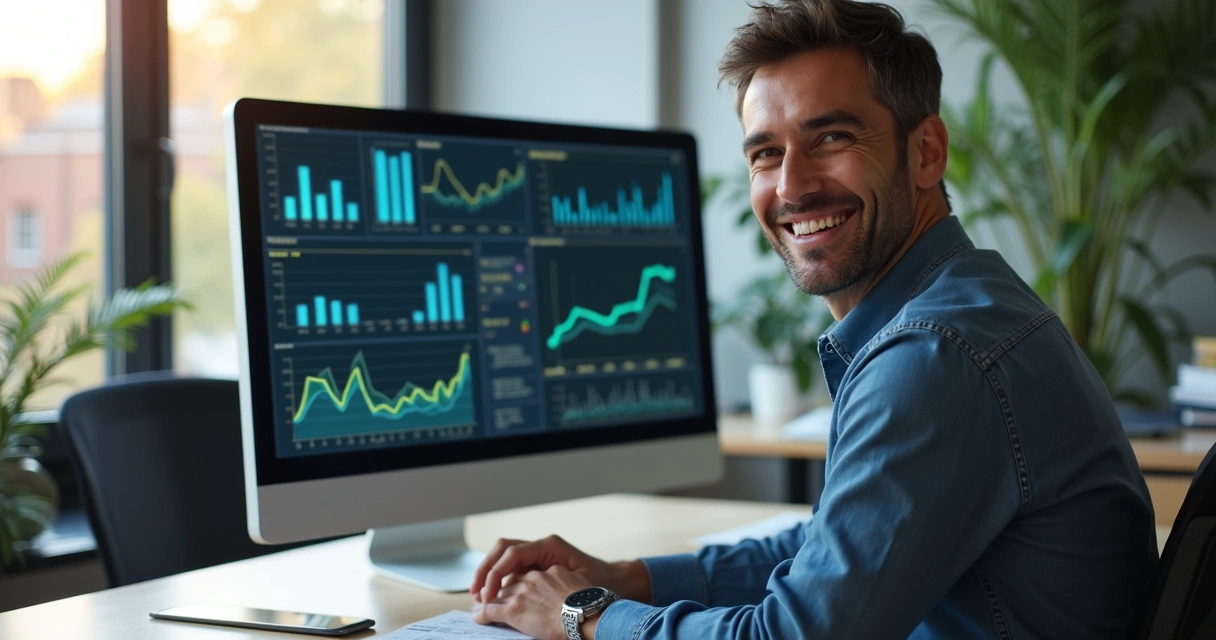 Contador analisando relatórios digitais em ambiente moderno 