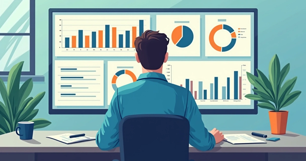 Contador analisando relatórios estratégicos em computador com gráficos e dados 