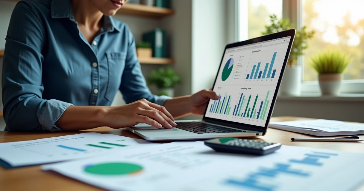 Contador analisando relatórios financeiros relacionados a projetos de reciclagem em escritório moderno 