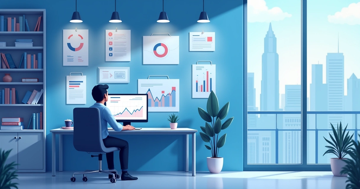 Contador analisando dados financeiros em um escritório moderno com gráficos em uma tela de computador.