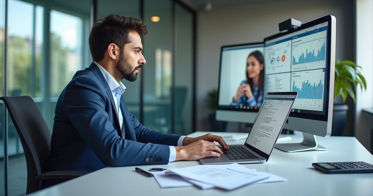 Contador em atendimento digital com cliente e dashboard financeiro 