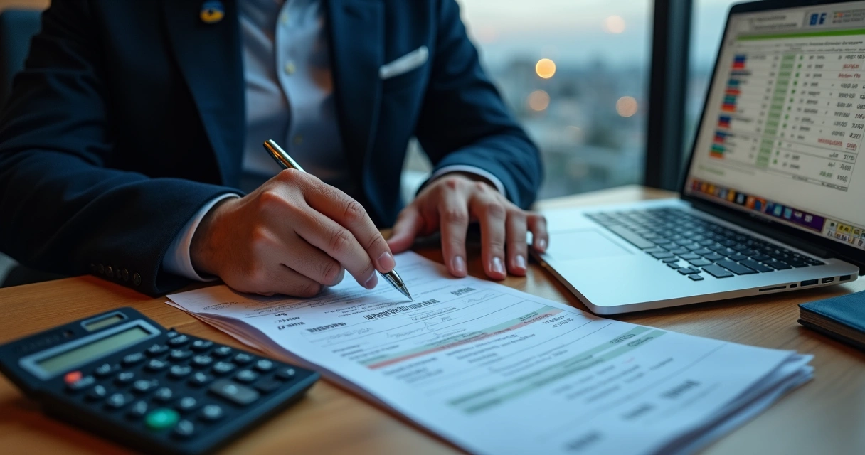 Contador analisando planilha com cálculo de ICMS em escritório moderno 