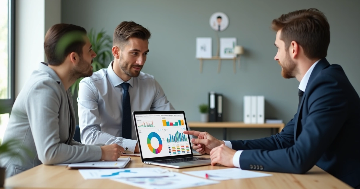 Contador e cliente analisando indicadores de sucesso em gráficos no notebook 