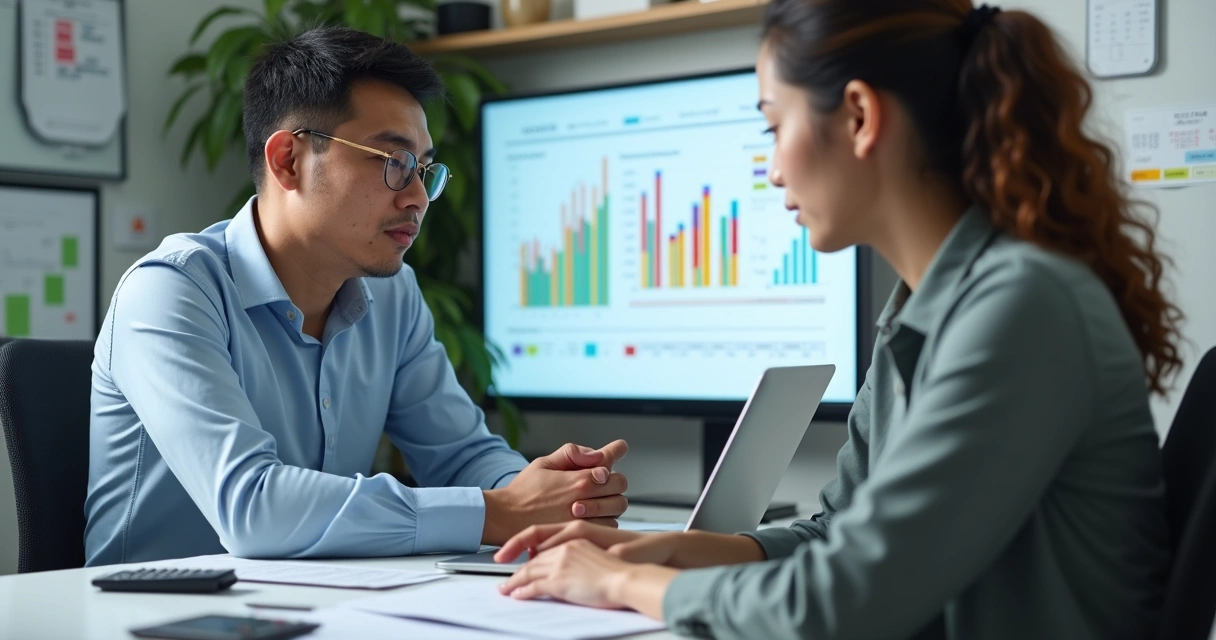 Contador orientando jovem empreendedor MEI em escritório moderno com gráficos e notas fiscais eletrônicas na tela 