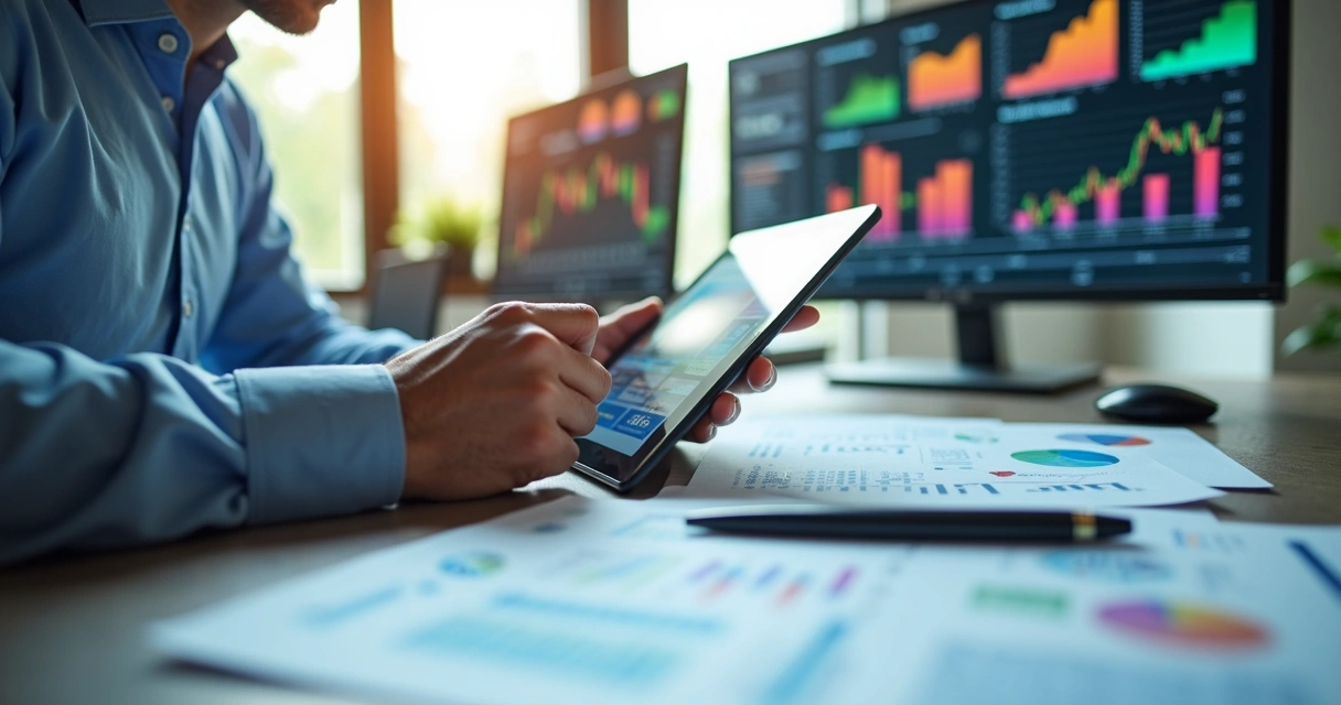 Contador analisando relatórios digitais com gráficos 