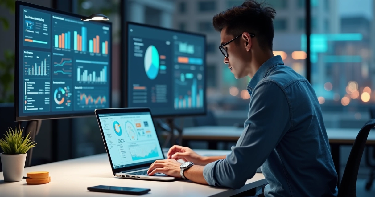 Contador digital revisando dados em notebook com gráficos e notas